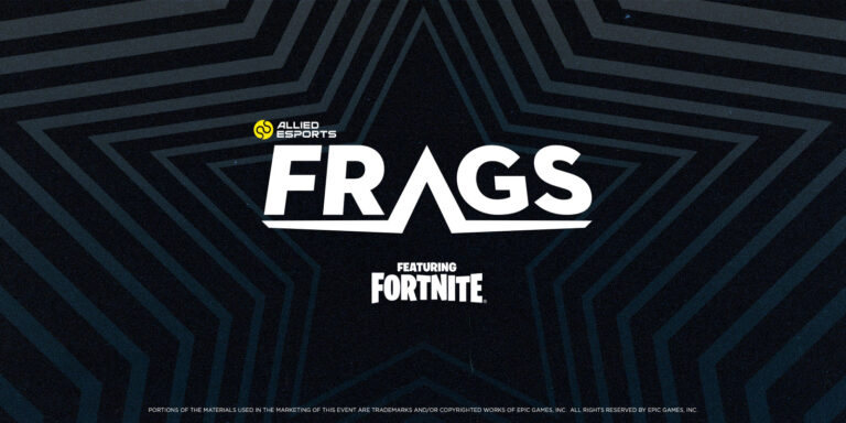 Dark blue geometric backdrop with FRAGS Fortnite branding