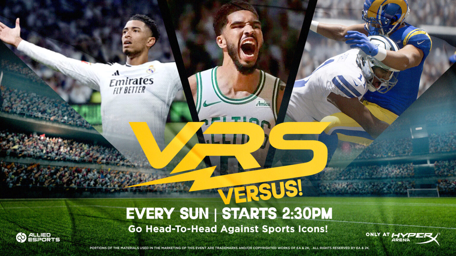 Bright promo with a big yellow 'VRS' logo and action shots, announcing 'VERSUS!' Sundays at 2:30 PM.