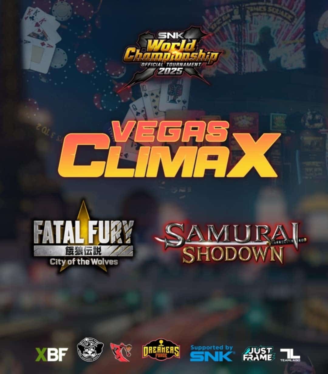 Vegas Climax poster showing multiple logos, including Fatal Fury and Samurai Shodown, with sponsor icons at the bottom.